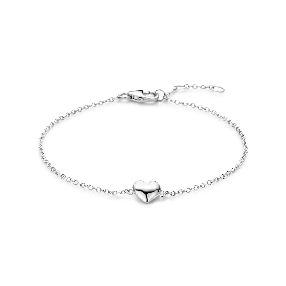 Bracciale in argento rodiato con charm a forma di cuore, lunghezza regolabile.
