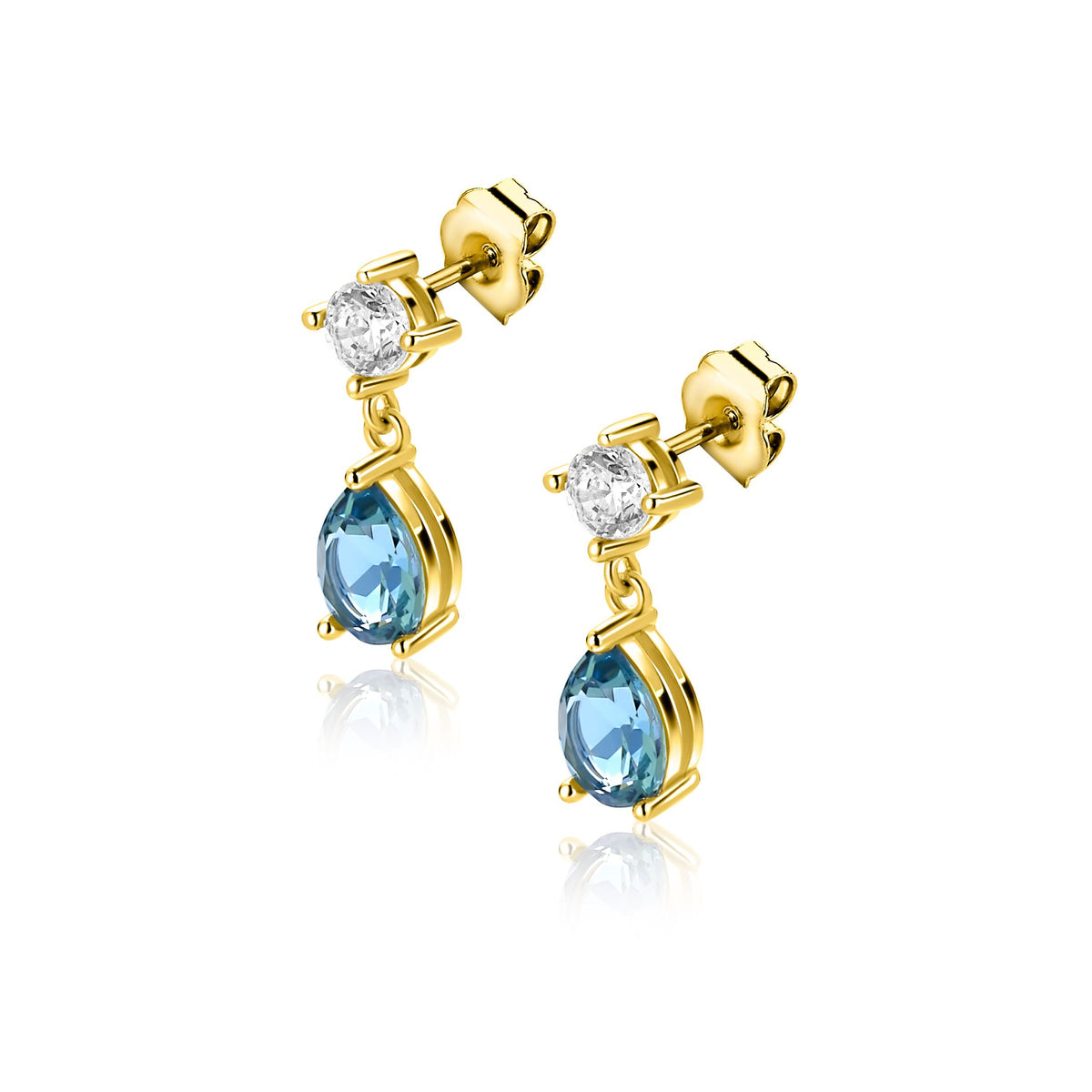Orecchini in oro placcato con pietra blu a goccia e cristallo trasparente.