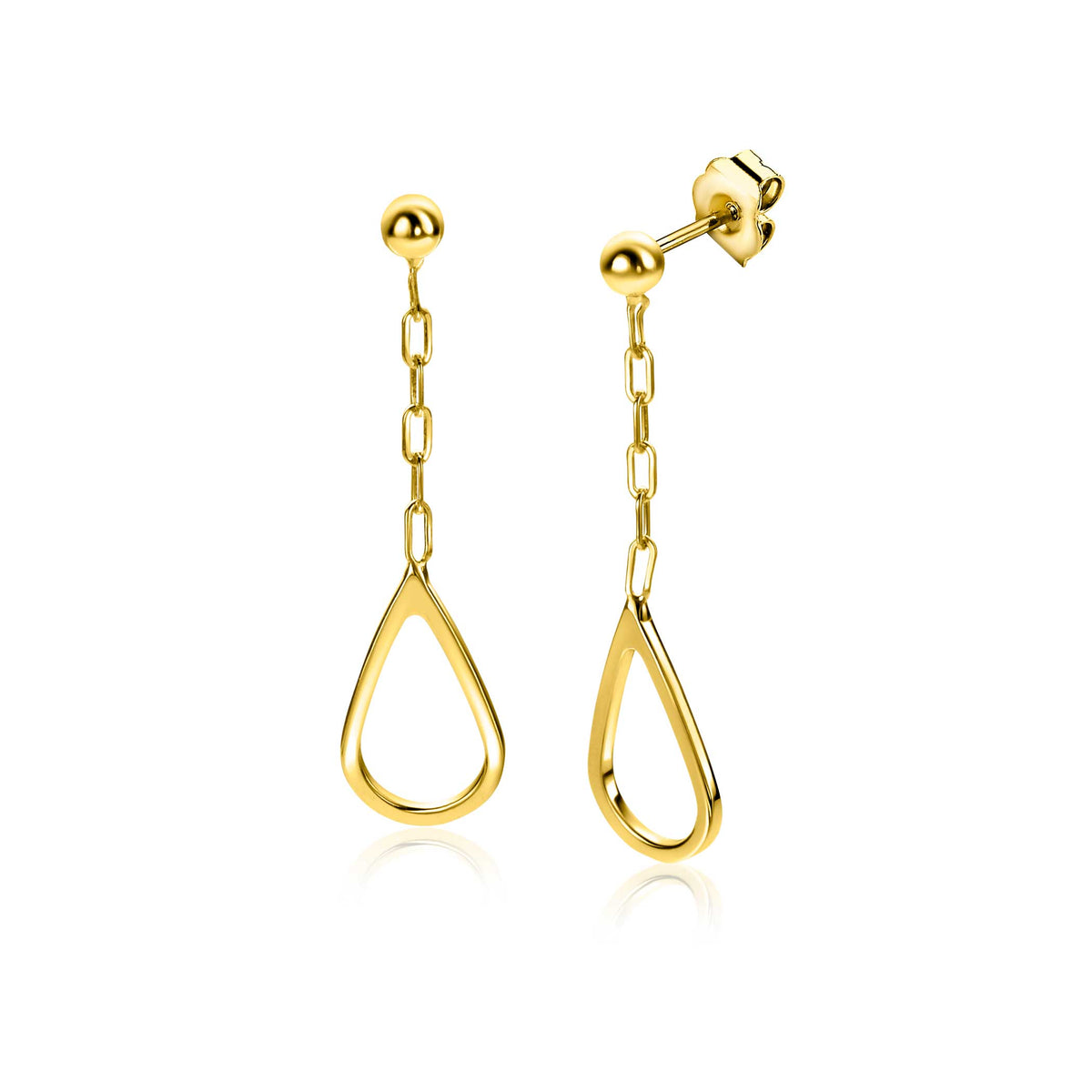 Orecchini pendenti in argento dorato con forma a goccia e catena.