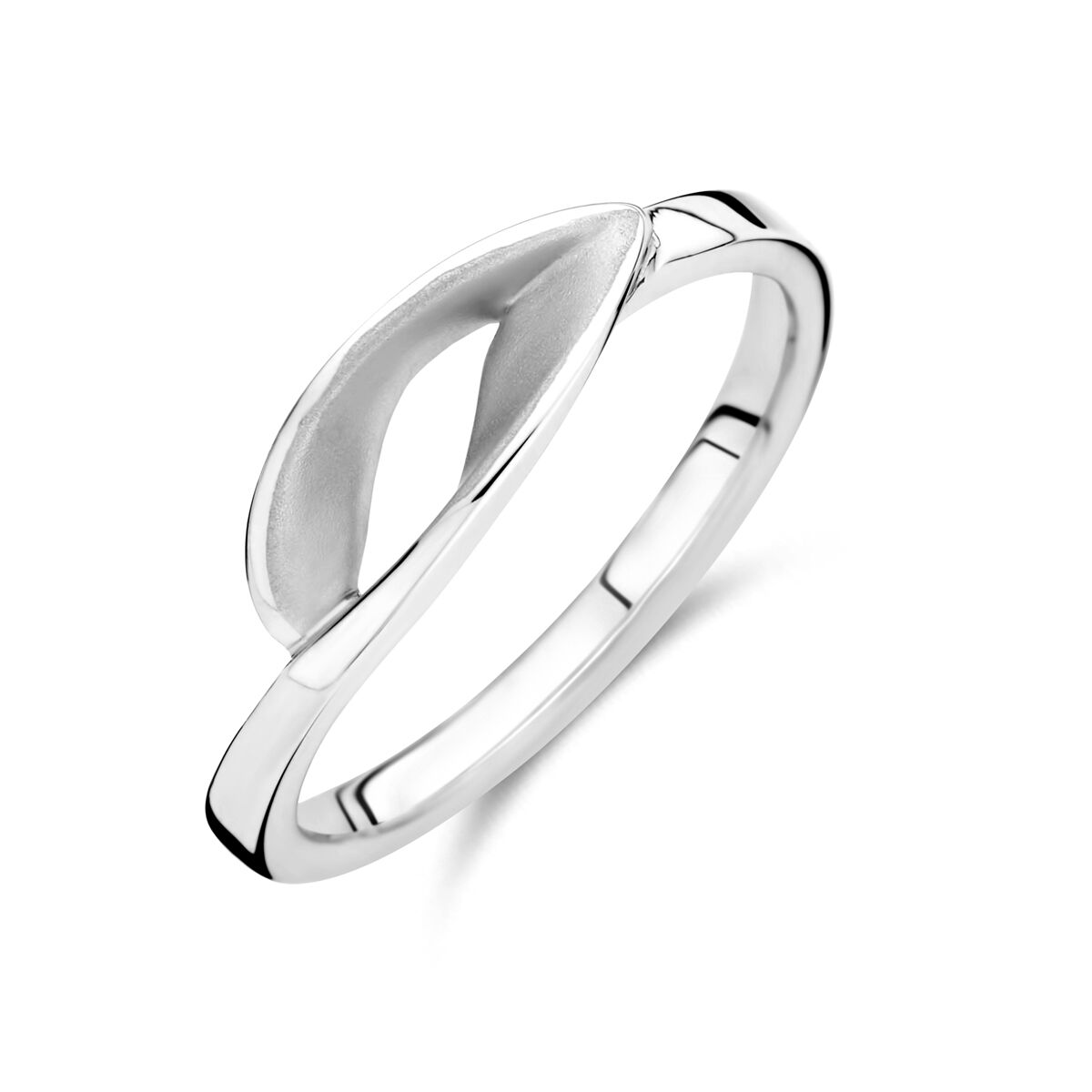 Anello in argento 925 rodiato con finitura lucida e opaca, design a forma di foglia.