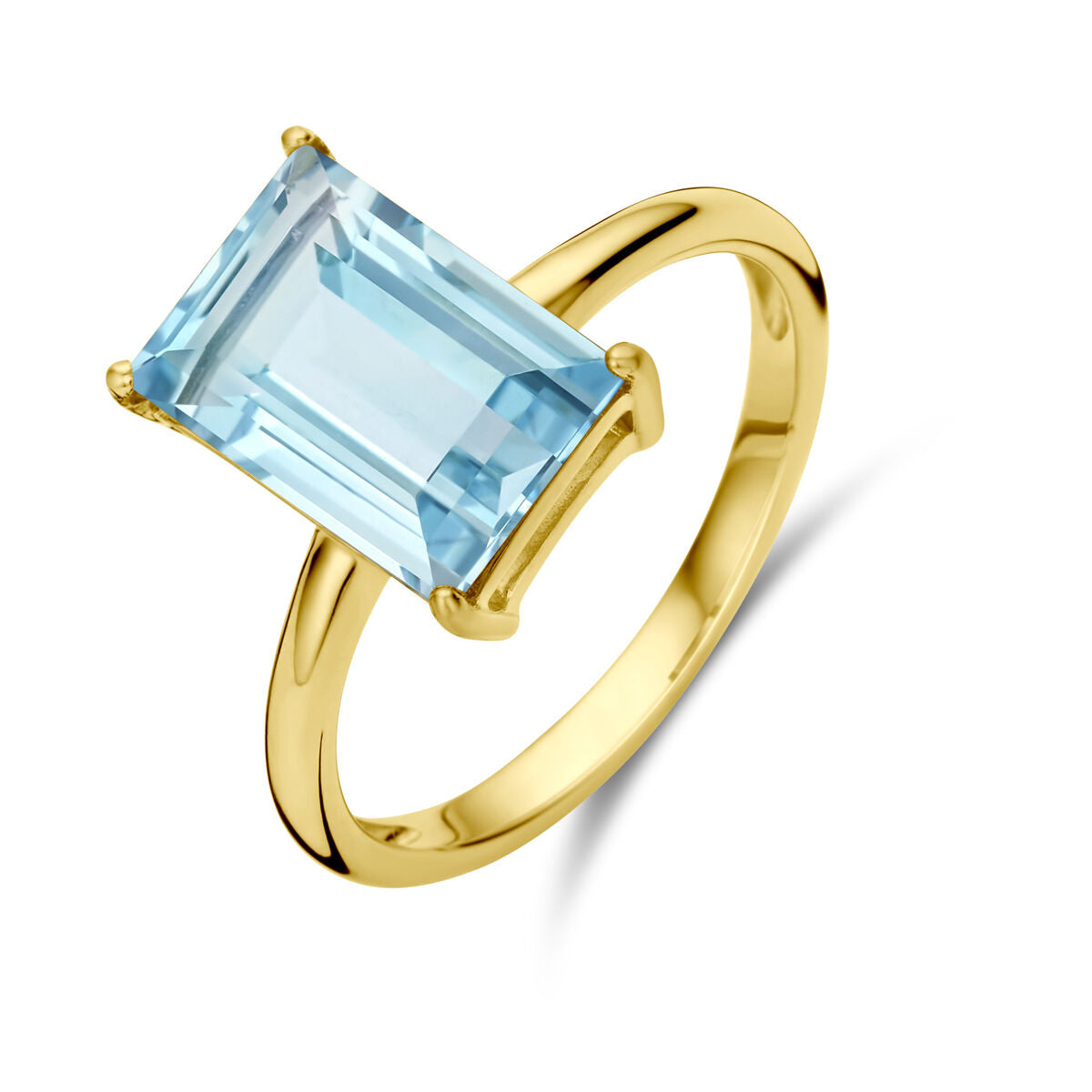 Anello in oro giallo 14K con topazio blu a forma rettangolare.