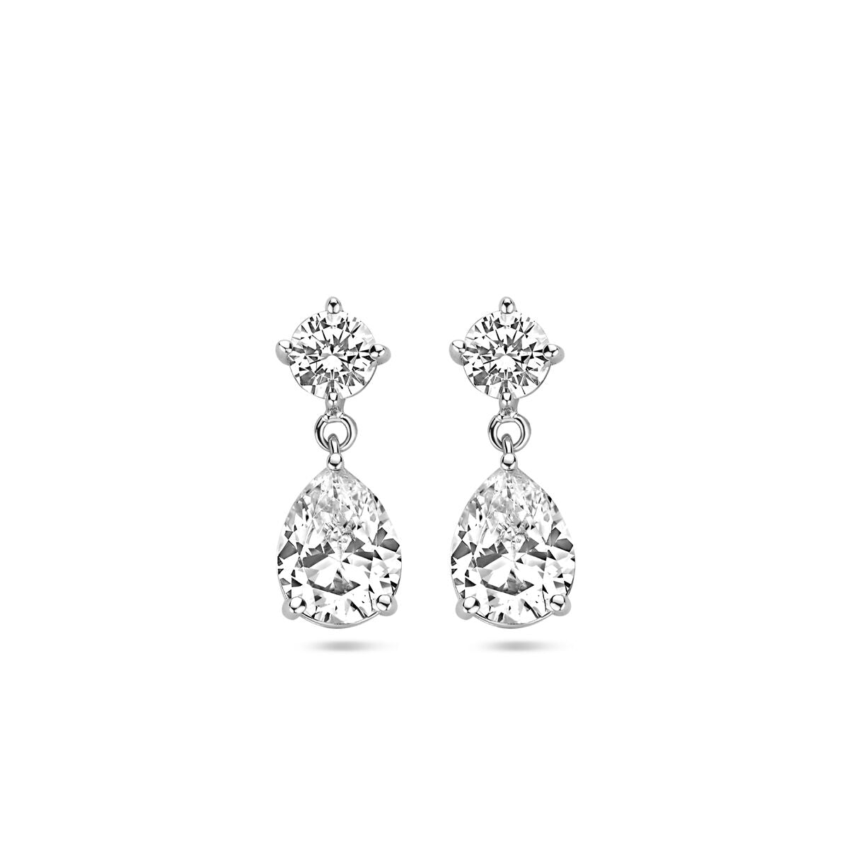 Orecchini in argento rodiato con zirconi, forma a goccia e dettagli brillanti.