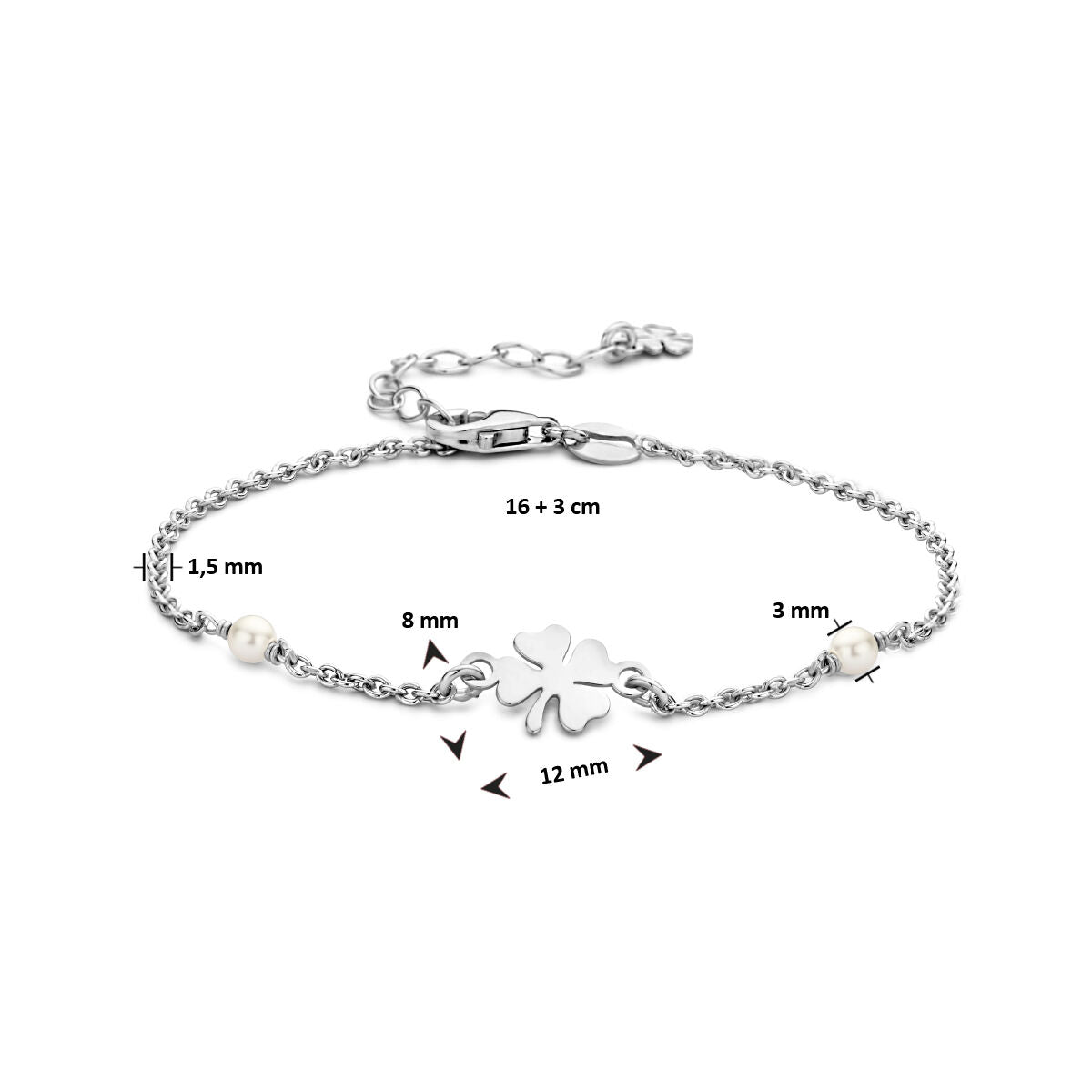 bracciale perla sintetica e quadrifoglio 16 + 3 cm argento rodiato