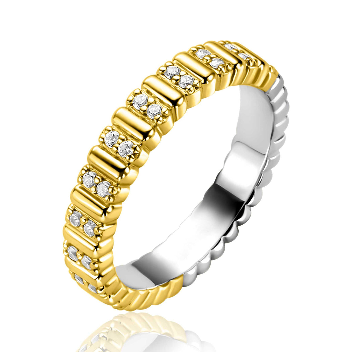 Anello in argento con dettagli dorati e zirconi, design a righe.
