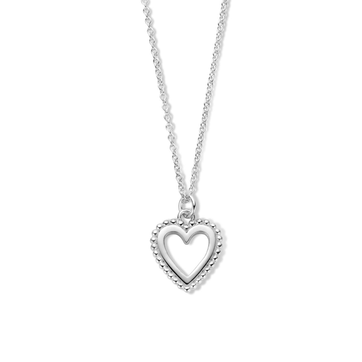 Collana con ciondolo a forma di cuore in argento rodiato, con dettagli a pallini.