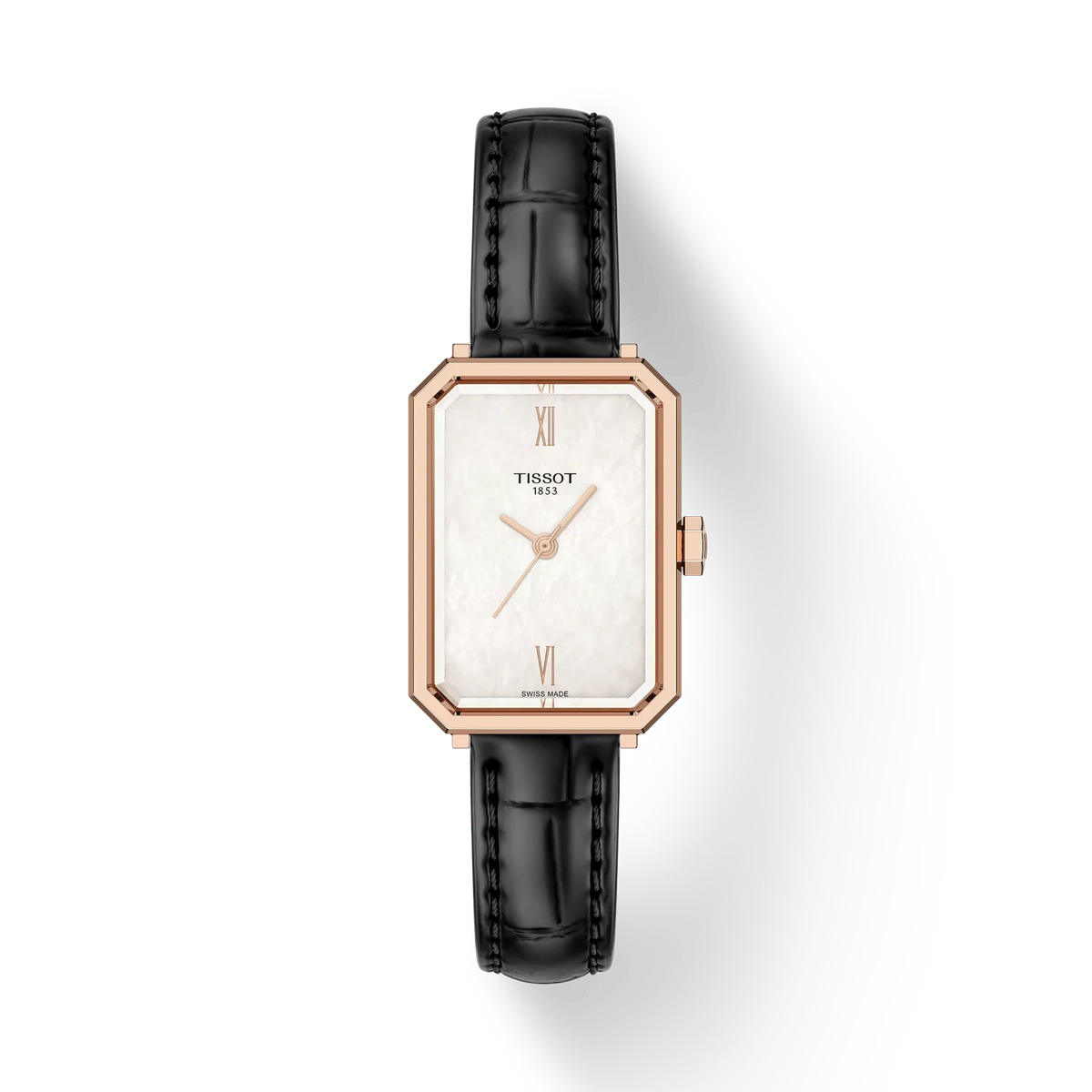 Orologio Tissot con cassa rettangolare rosa e quadrante madreperla, cinturino in pelle nera.