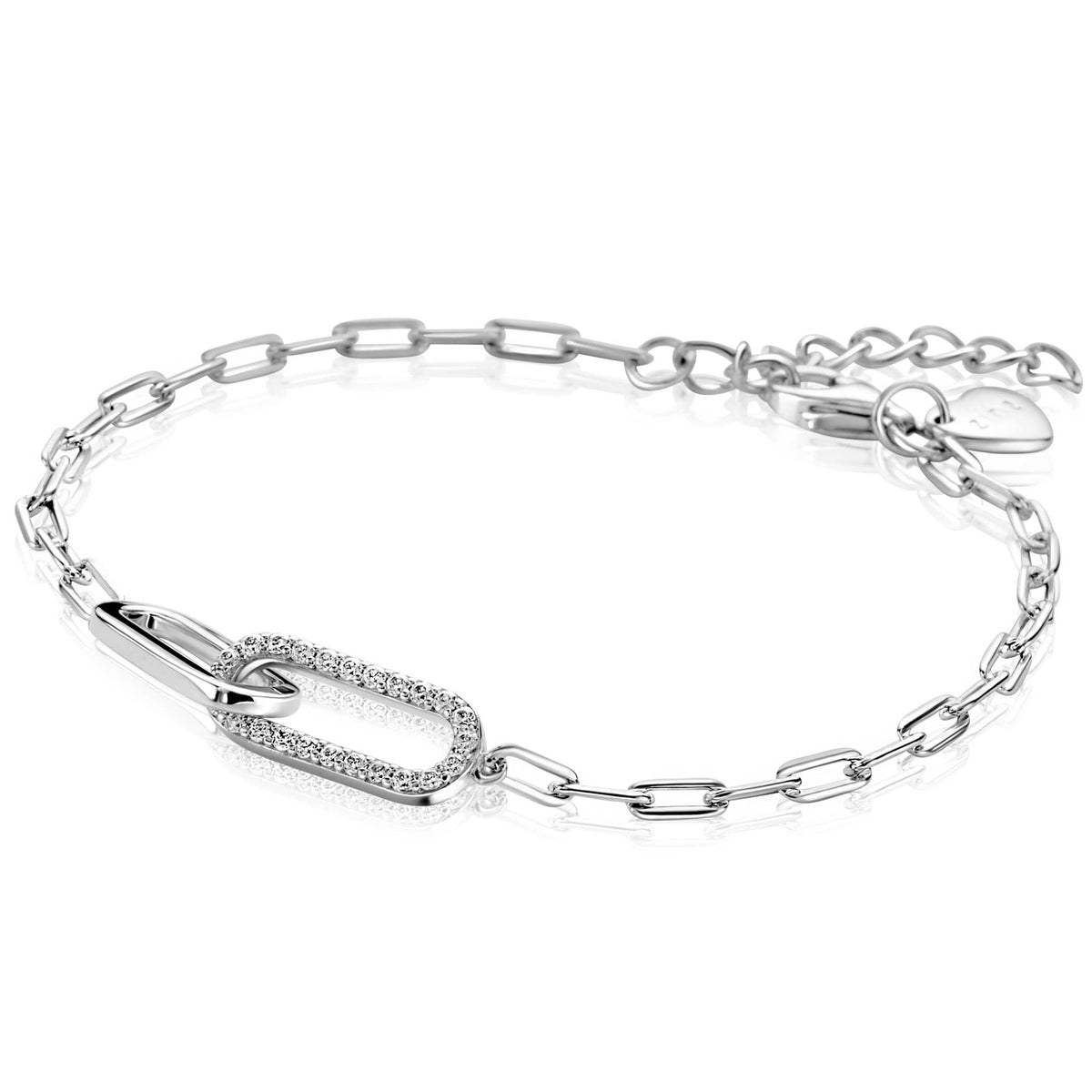 Bracciale in argento con maglia rolò e dettaglio ovale incastonato di pietre.
