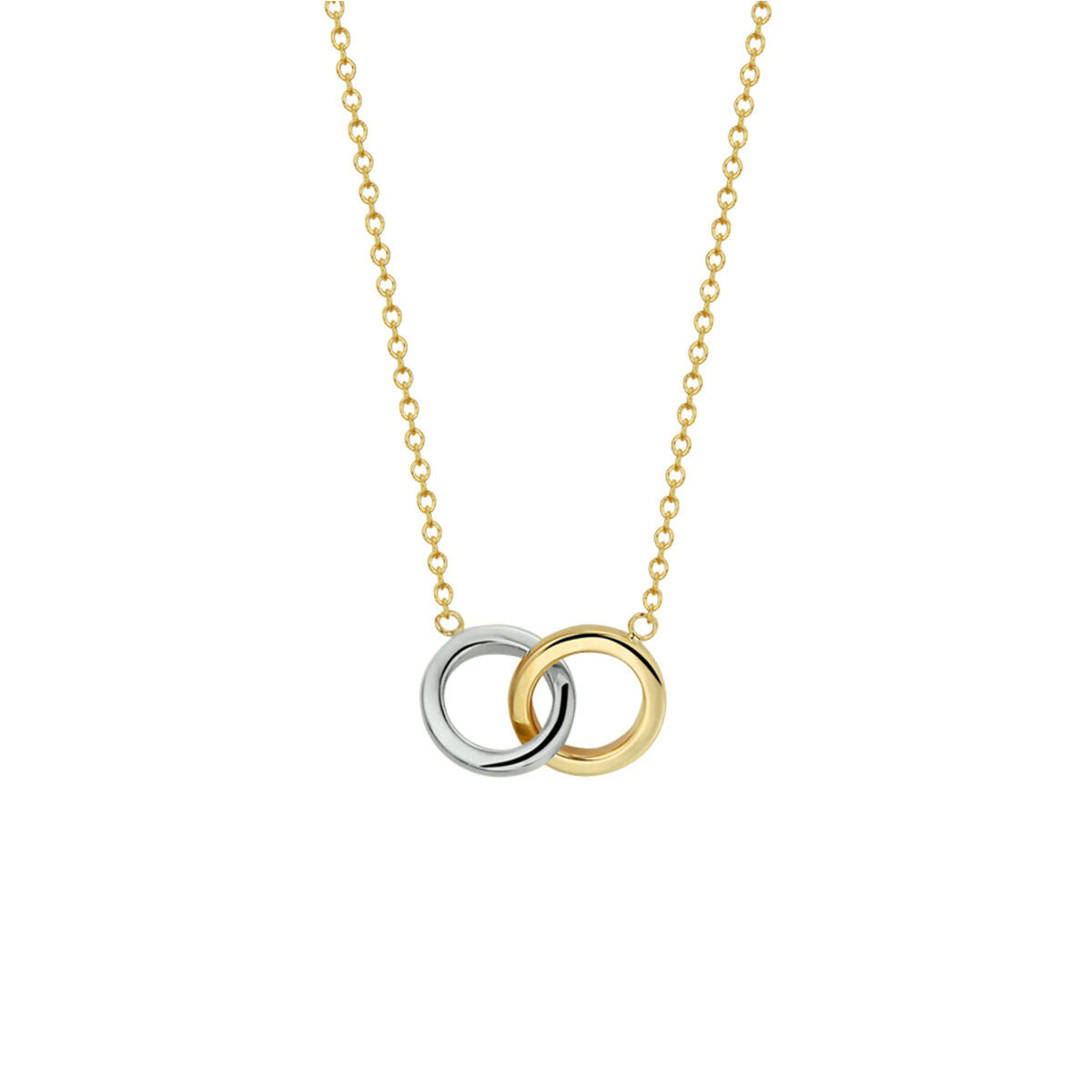 Collana bicolore in oro giallo e bianco con due cerchi intrecciati.