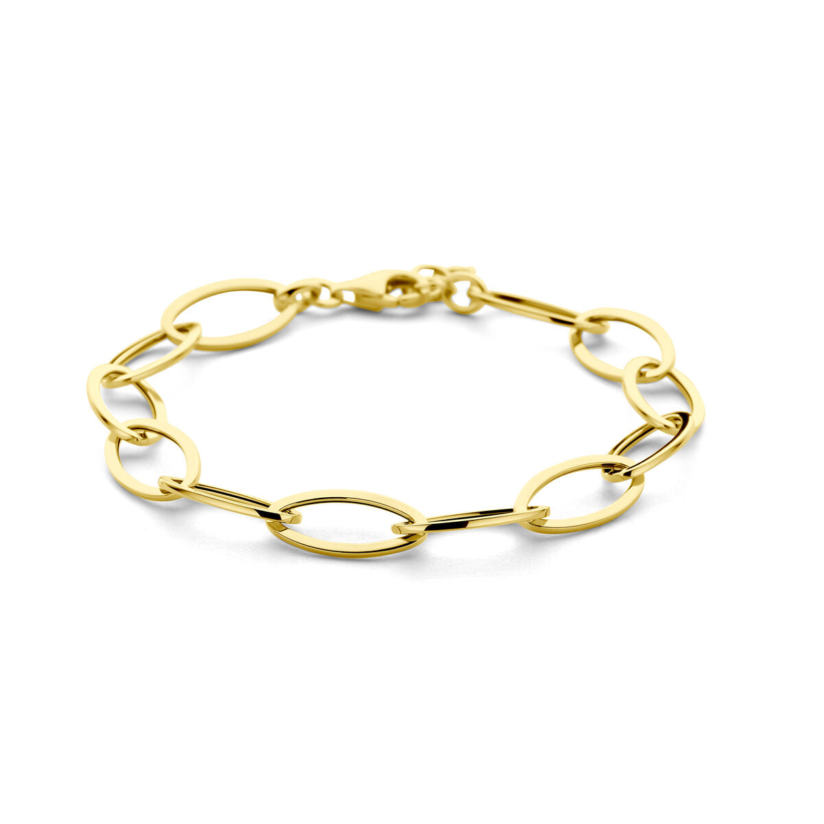 Bracciale in oro giallo 14K con maglie ovali, lungo 18,5 + 1,5 cm.