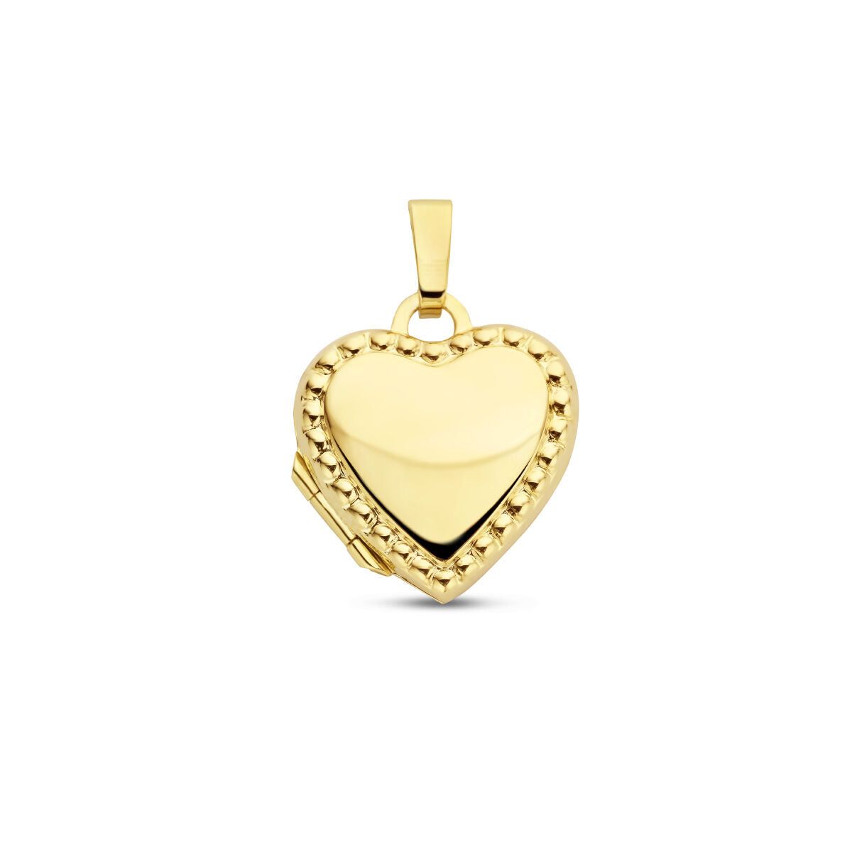 Ciondolo a forma di cuore in oro giallo 14K con dettagli a pallini.