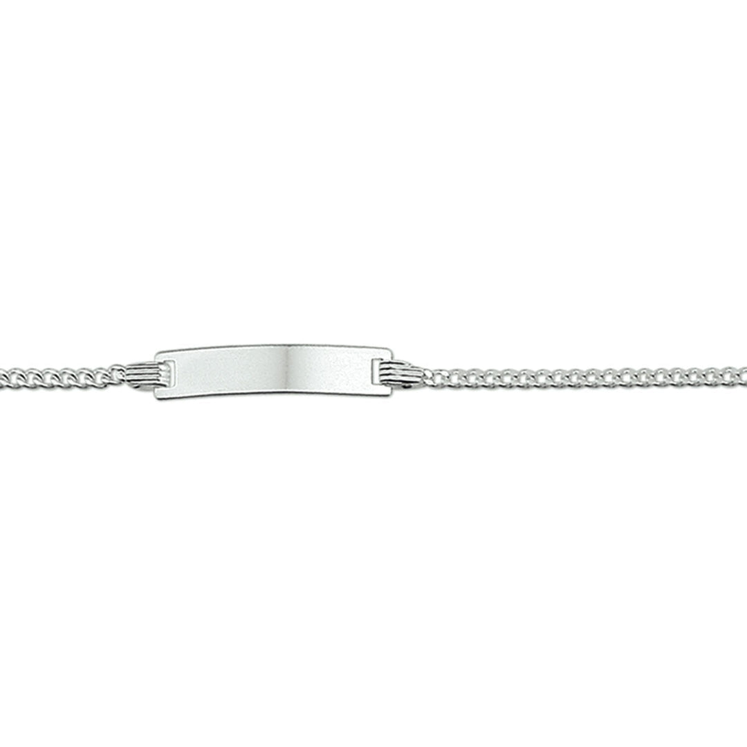 Bracciale gourmette con placca rettangolare liscia e maglia rolò, larghezza 4,2 mm.