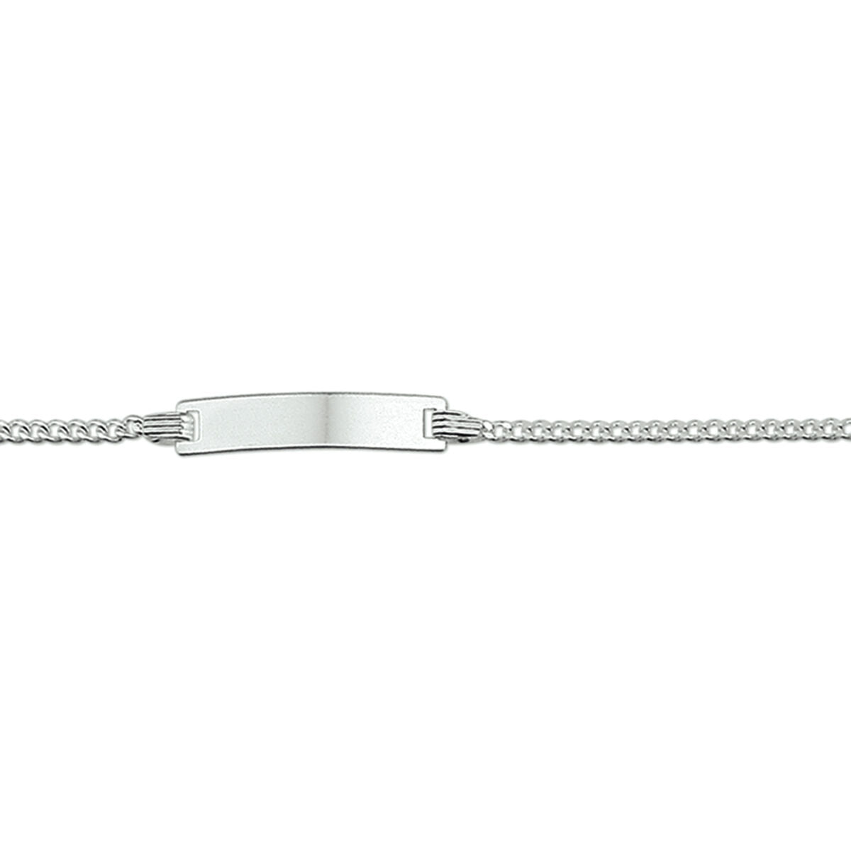 Bracciale gourmette con placca rettangolare liscia e maglia rolò, larghezza 4,2 mm.