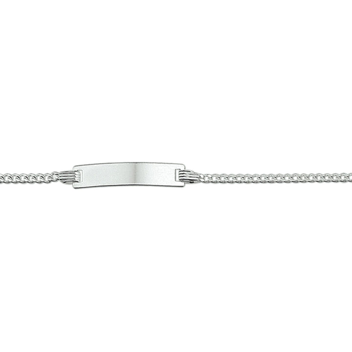 Bracciale gourmette con placca rettangolare liscia e maglia rolò, larghezza 4,2 mm.