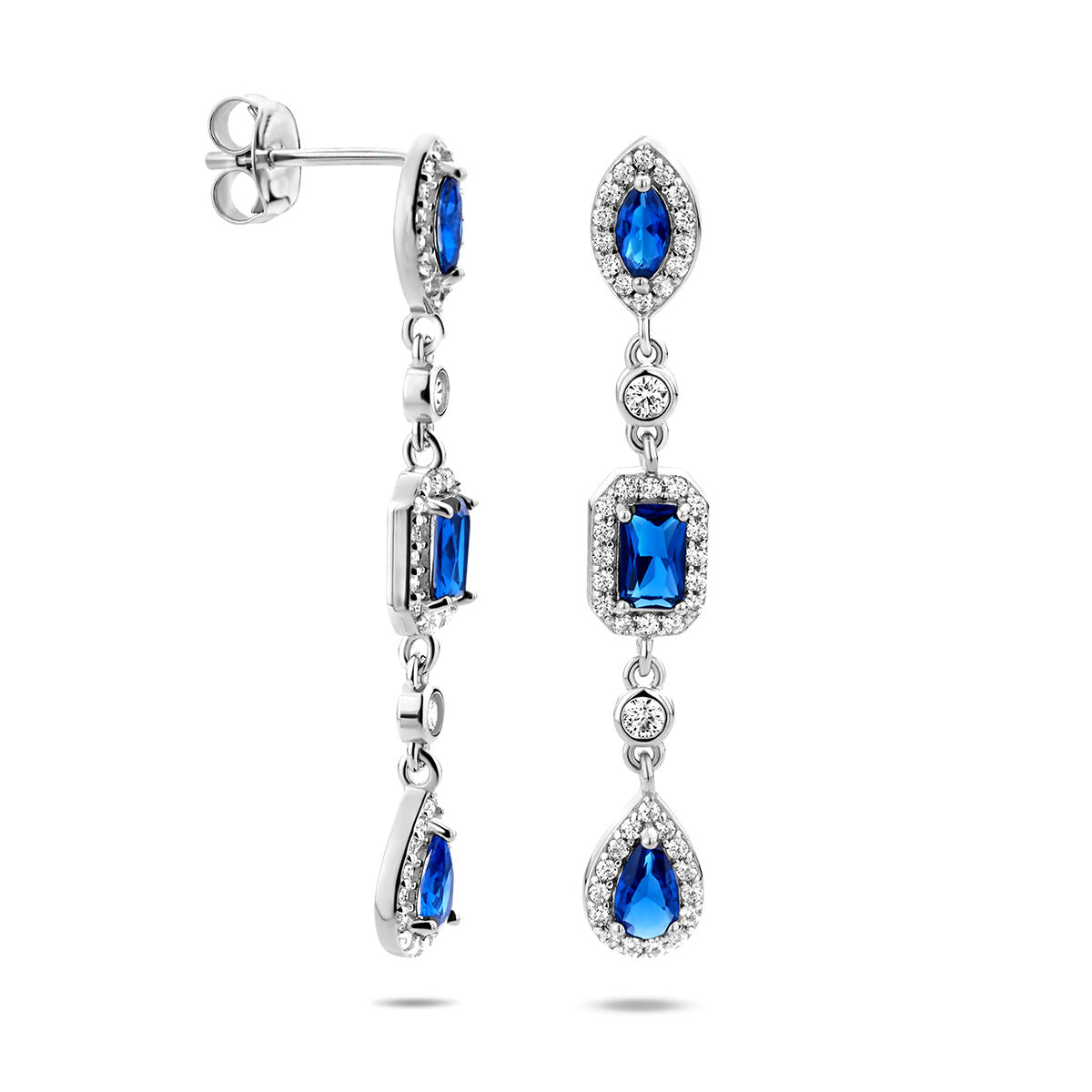 orecchini pendenti zirconia zaffiro bianco e blu argento rodiato