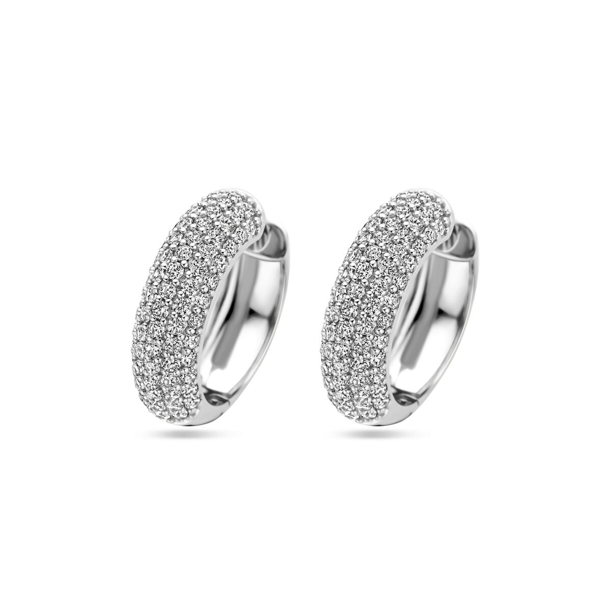 Orecchini alla creola in argento rodiato con zircone, diametro di 21 mm.