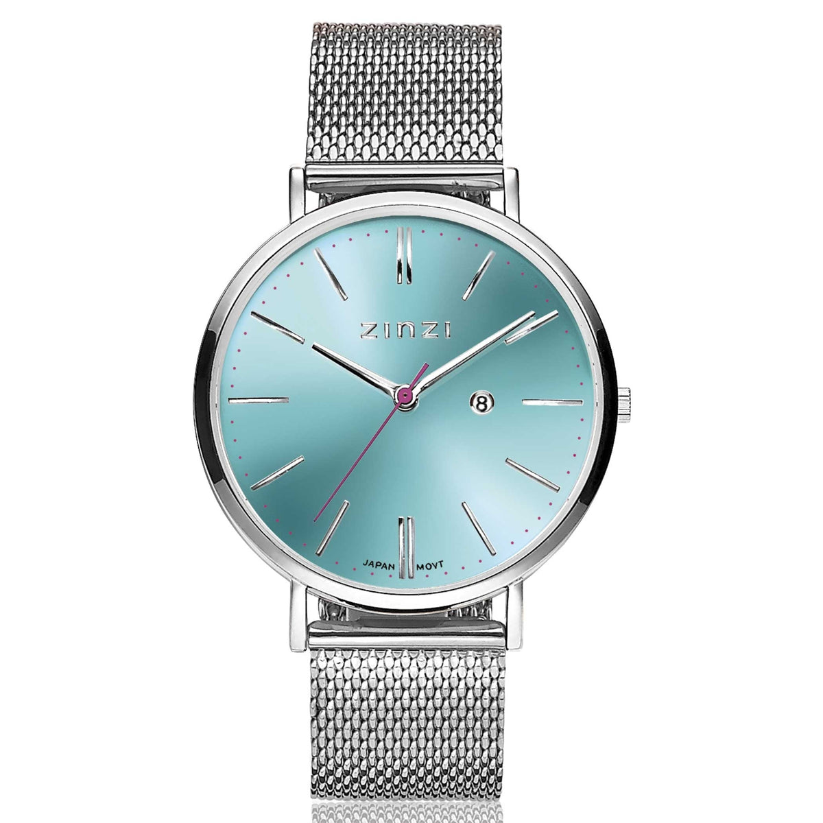 Orologio in acciaio color argento con quadrante turchese e cinturino a maglia rolò.