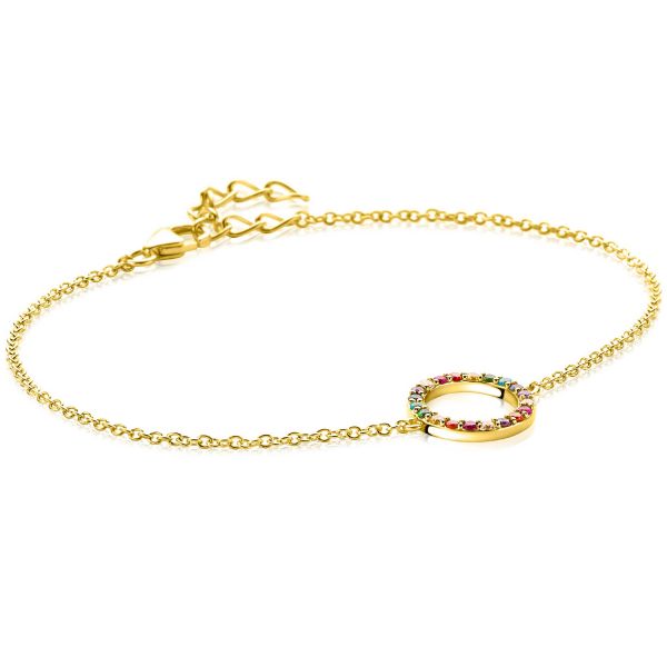 Bracciale in argento con un cerchio decorato da pietre colorate, lunghezza regolabile 17-20 cm.