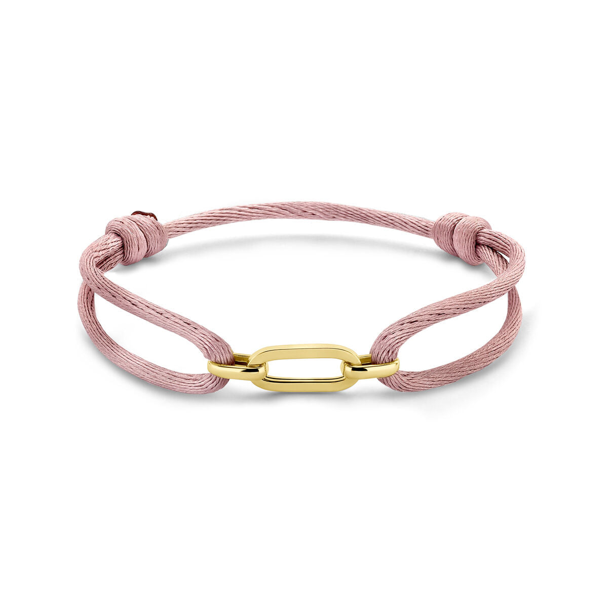 Bracciale in satin rosa chiaro con chiusura in oro 14K e dettagli in nylon.