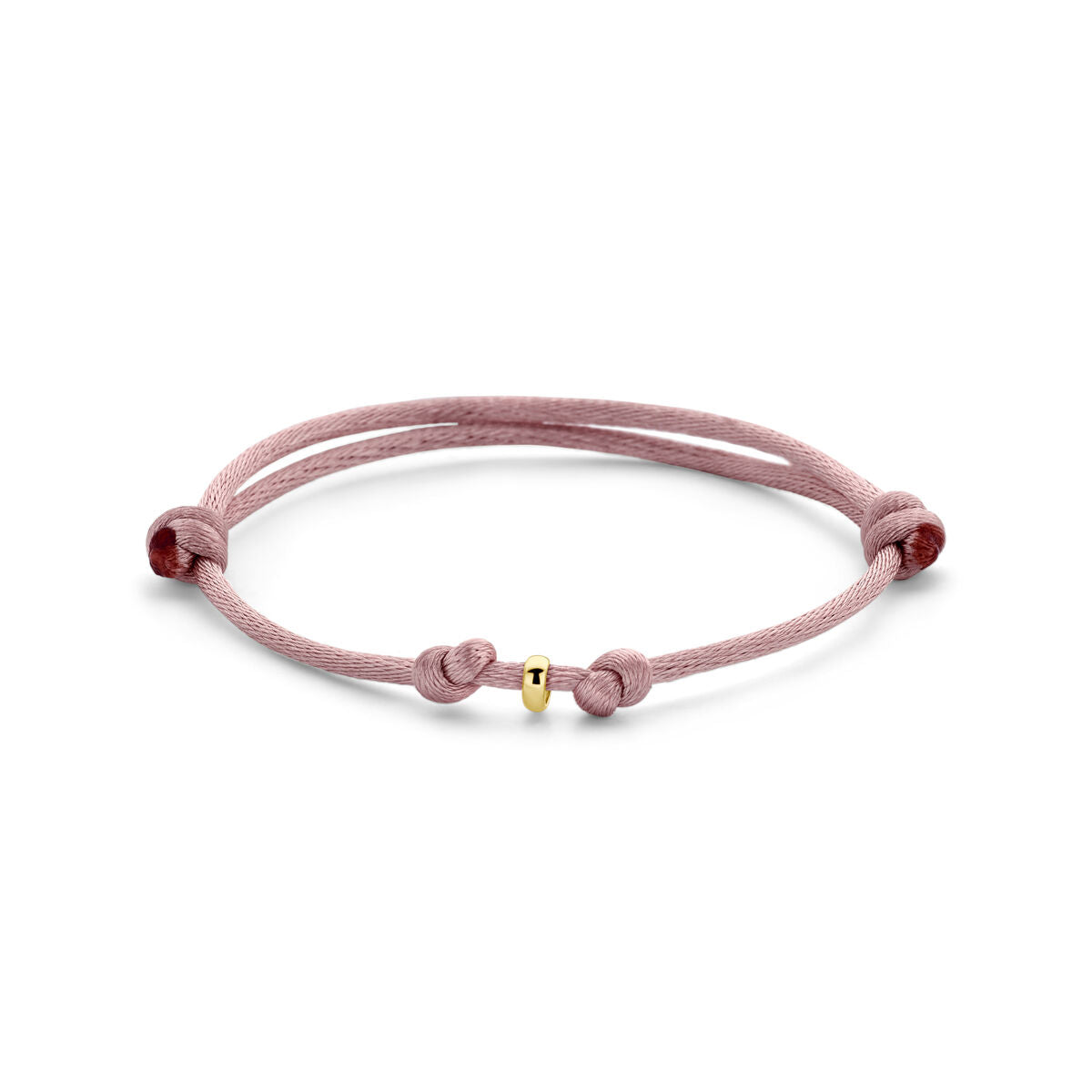 Bracciale in satin rosa chiaro con dettagli in oro 14K e chiusura in nylon.