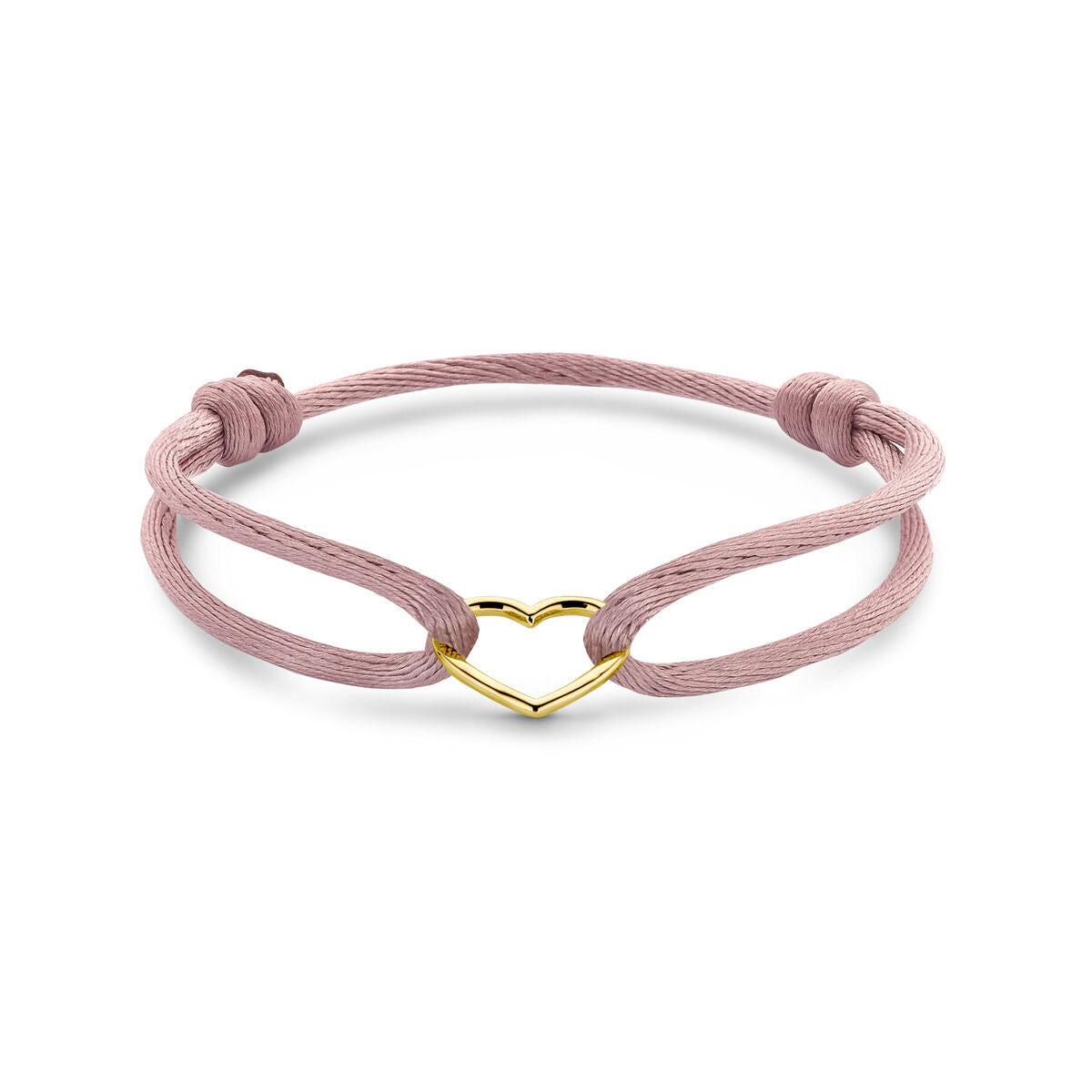 Bracciale in satin rosa chiaro con cuore dorato, regolabile da 13 a 26 cm.