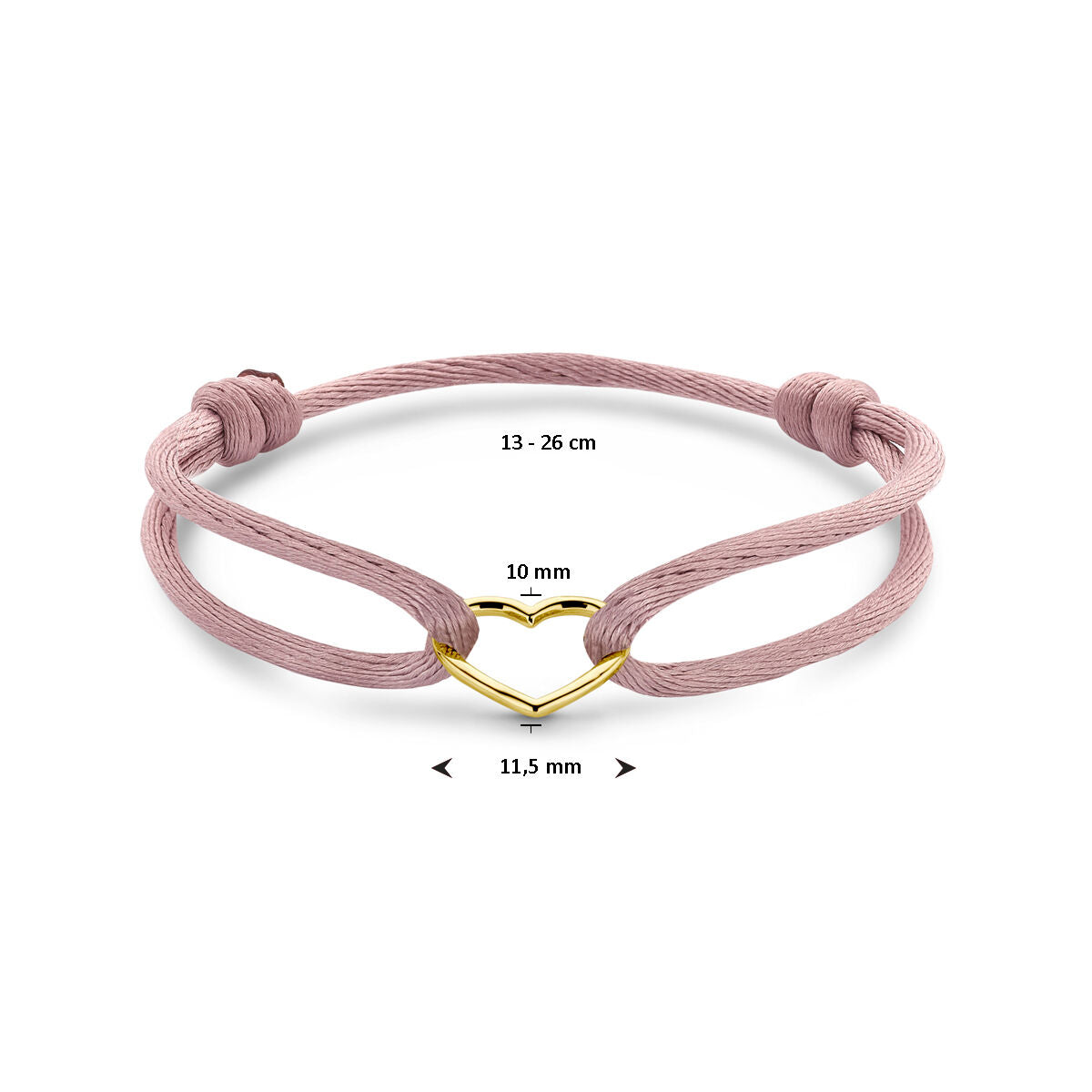 bracciale raso rosa tenue cuore 13 - 26 cm oro 14K con gomma/nylon/pelle