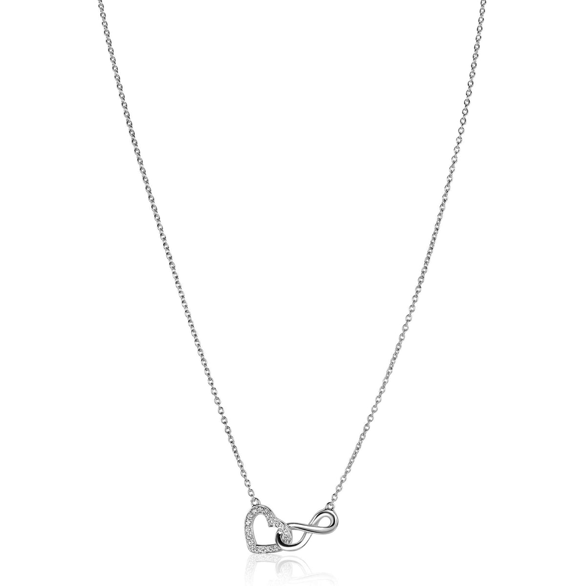 Collana in argento con pendente a forma di infinito e dettagli brillanti.