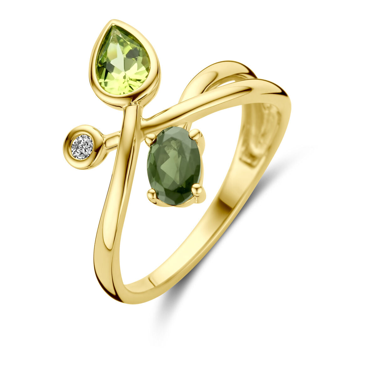 Anello in oro giallo 14K con tormalina verde, peridoto e diamante 0,03 ct.