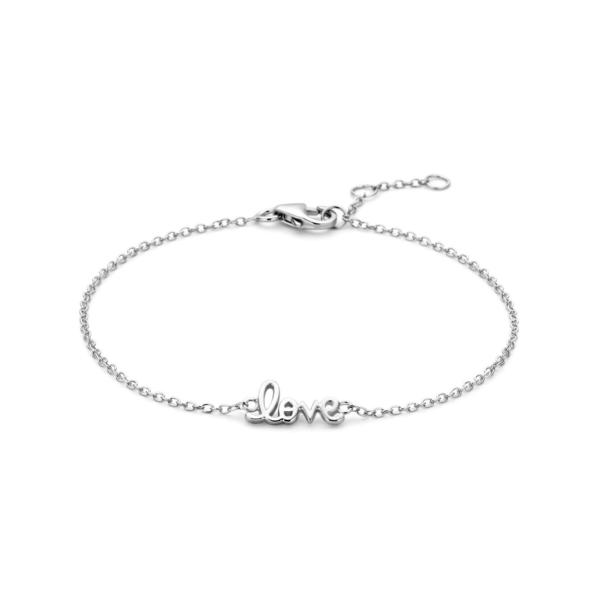 Bracciale in argento rodiato con la scritta "love" in carattere cursivo.