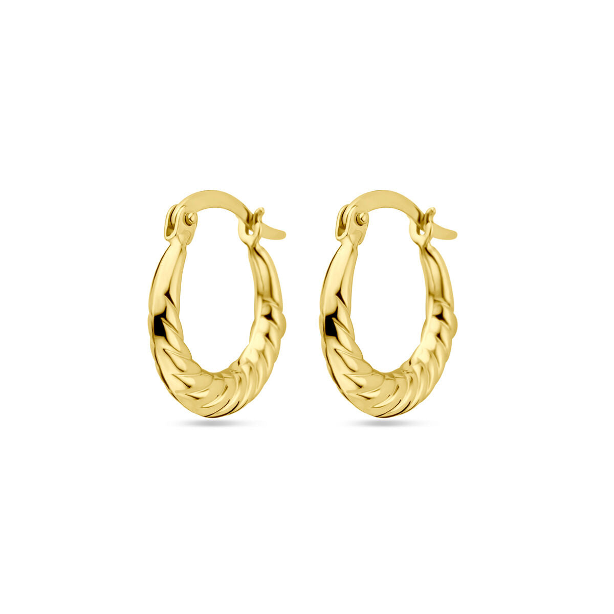 Orecchini alla creola in oro giallo 14K con motivo intrecciato, diametro di 17 mm.
