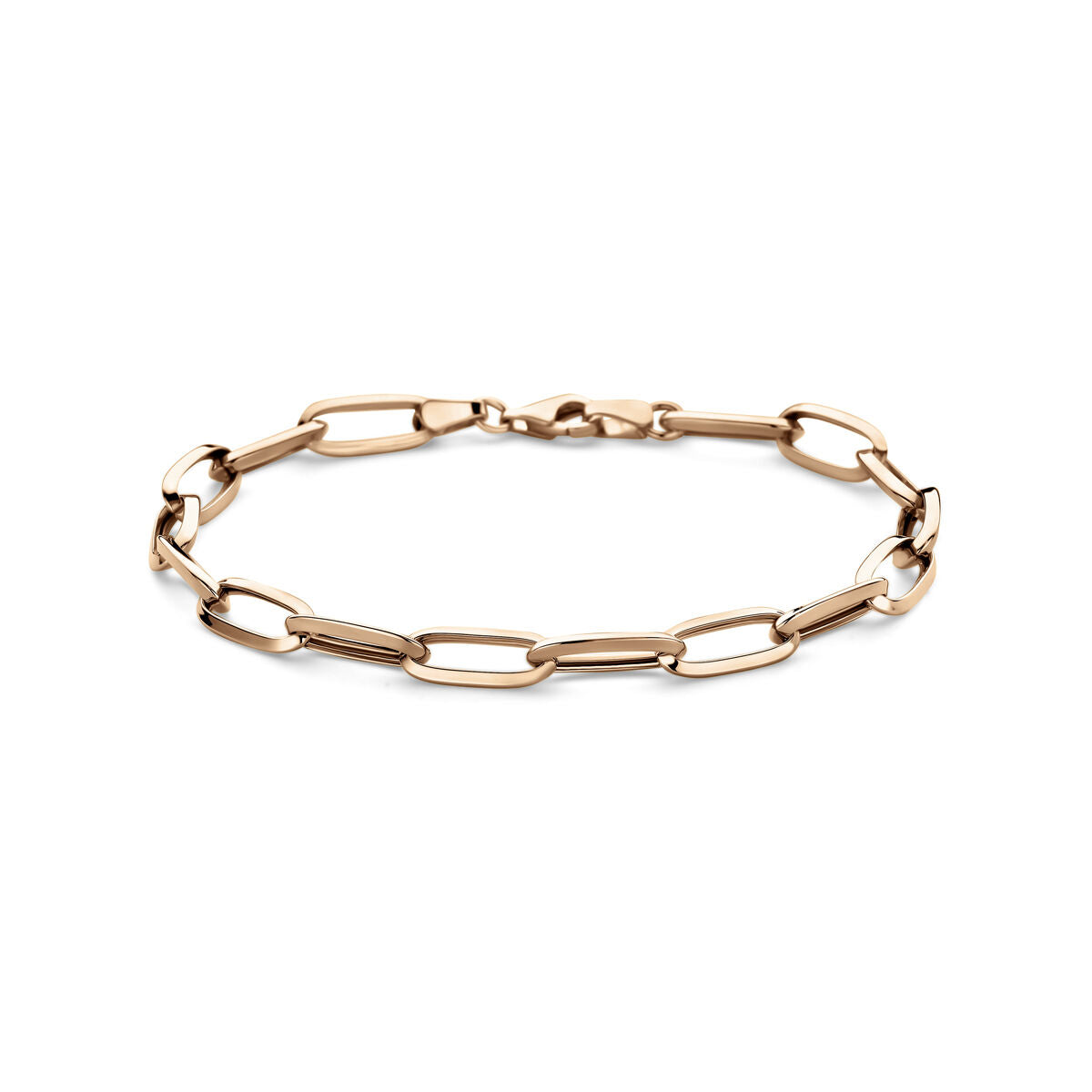 Bracciale in oro rosa 14K con maglie ovali, lunghezza 19 cm e larghezza 5,8 mm.
