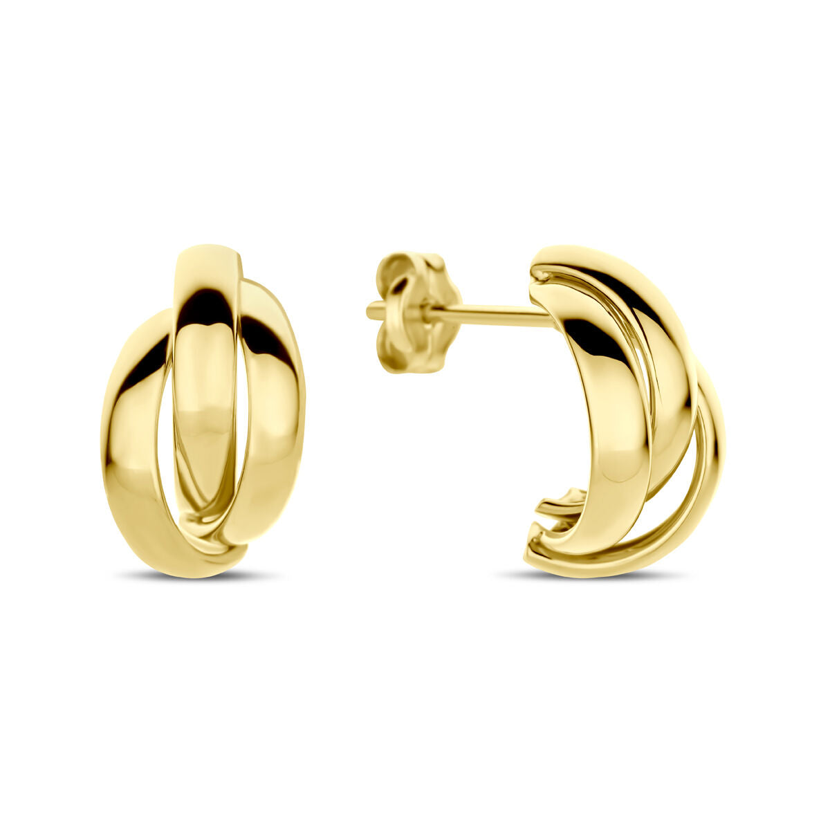 Orecchini alla creola in oro giallo 14K, con design intrecciato e diametro di 13 mm.