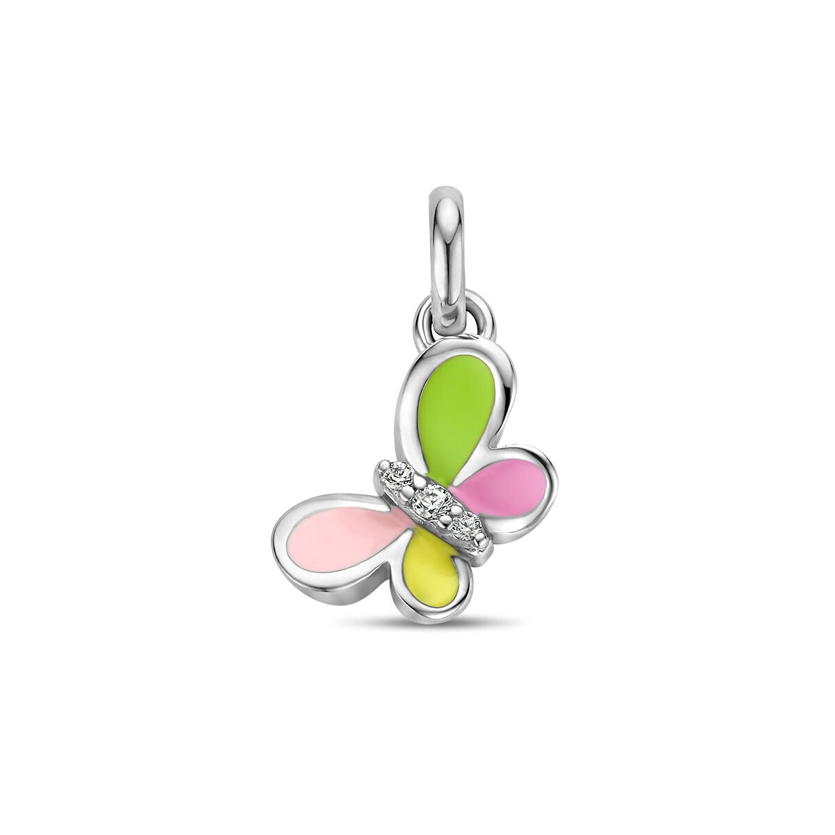 Ciondolo a forma di farfalla in argento rodiato con zircone e dettagli colorati rosa, verde e giallo.