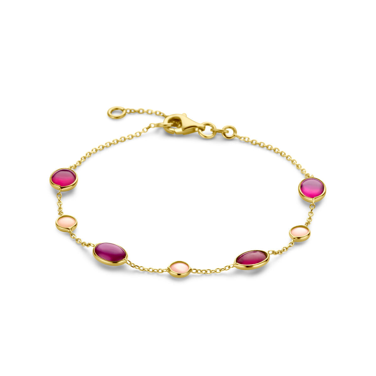 Bracciale in oro 14K con opali rosa e rubini, con gemme ovali alternate.