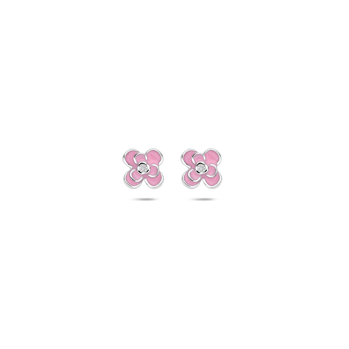 Orecchini a bottone in argento con zirconi e smalto rosa, design a fiore.