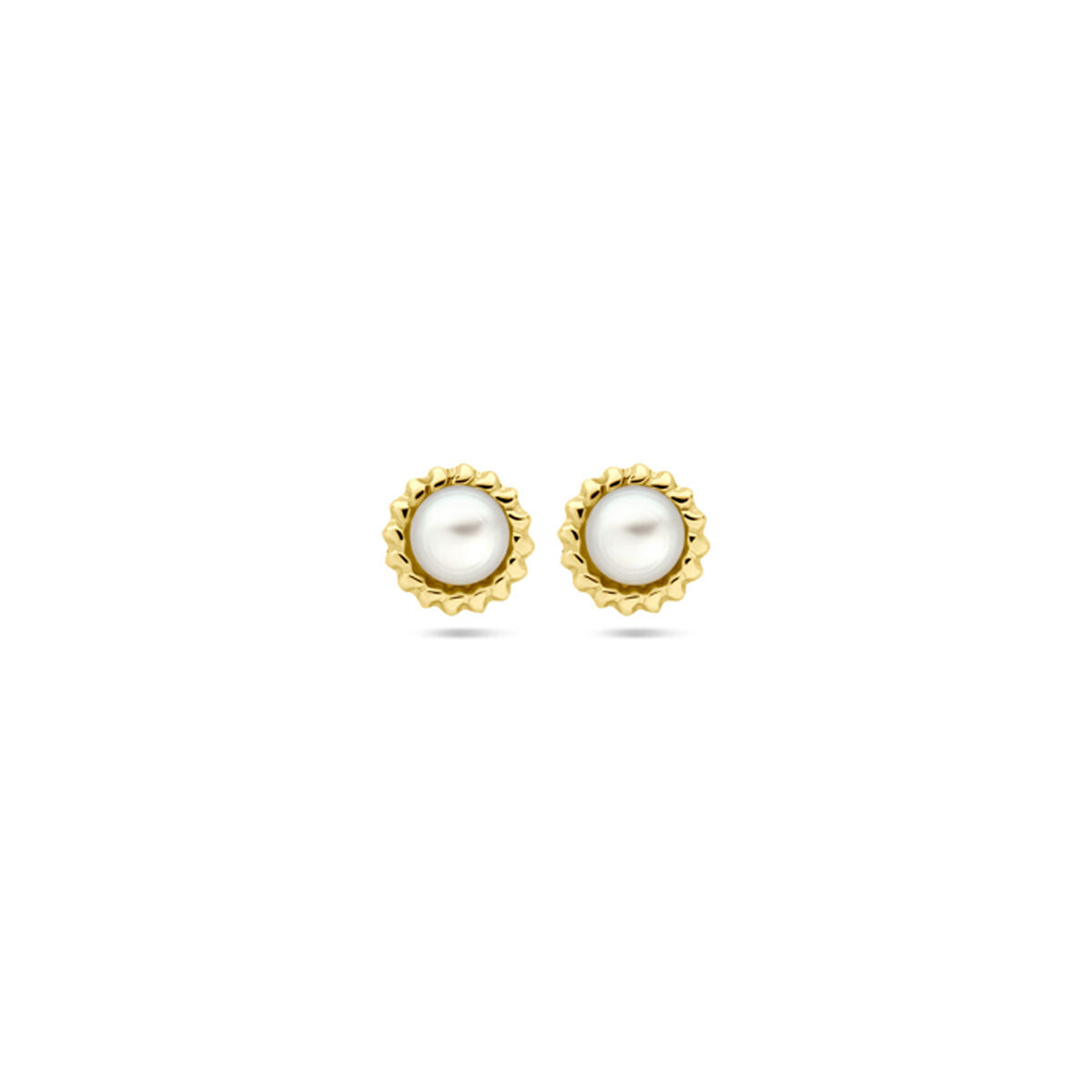 Orecchini in oro giallo 14K con perle di 5,0 mm, montatura a forma rotonda.