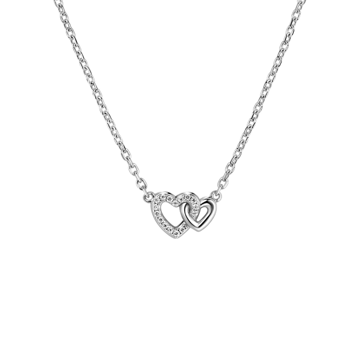 Collana in argento con due cuori intrecciate, una decorata con zirconi.