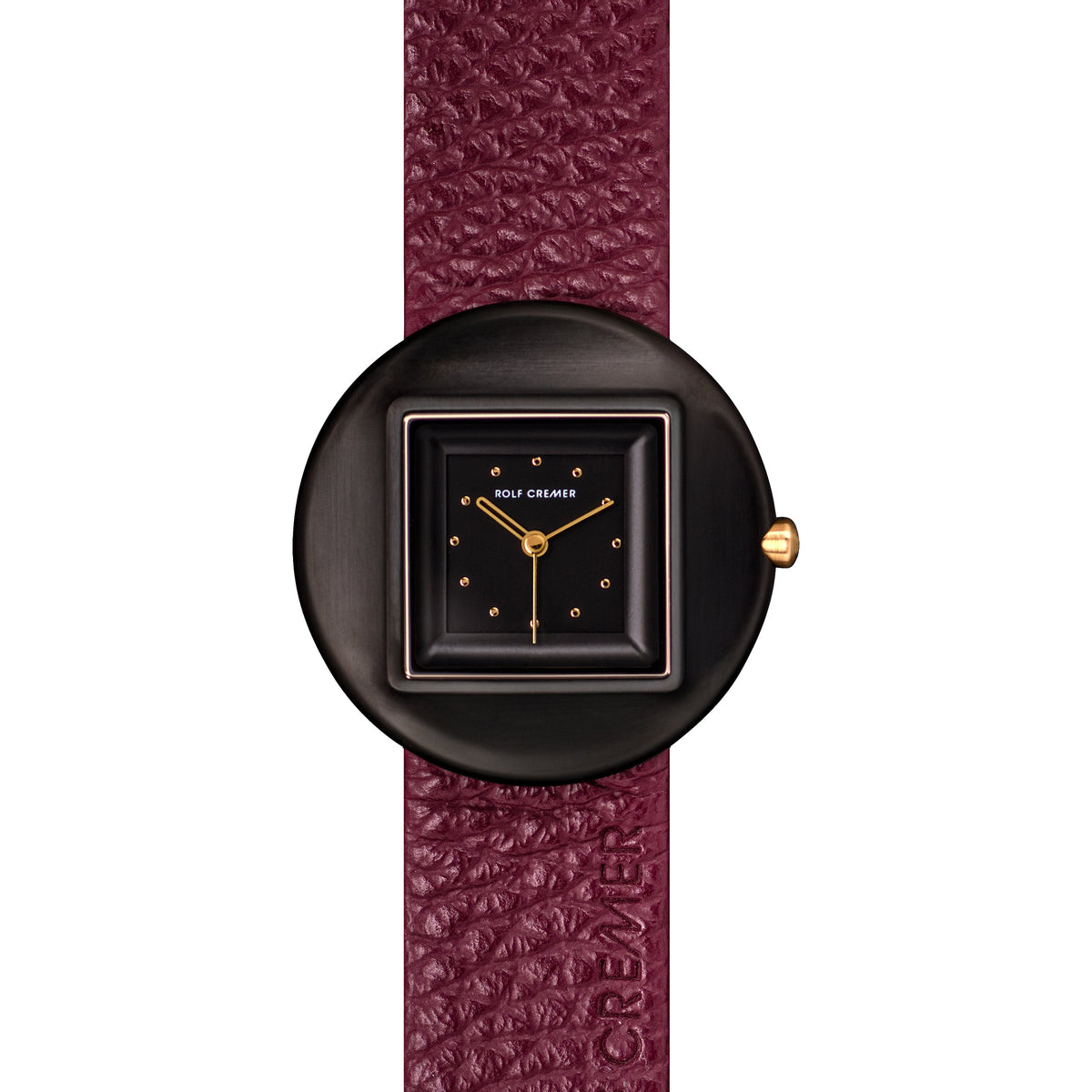 Orologio Rolf Cremer con quadrante nero quadrato, cassa nera e cinturino in pelle bordeaux.
