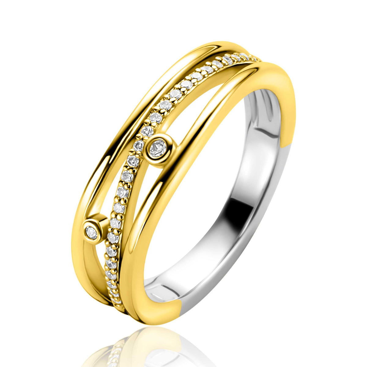 Anello in argento con finitura dorata e zirconi, design a doppia fascia.