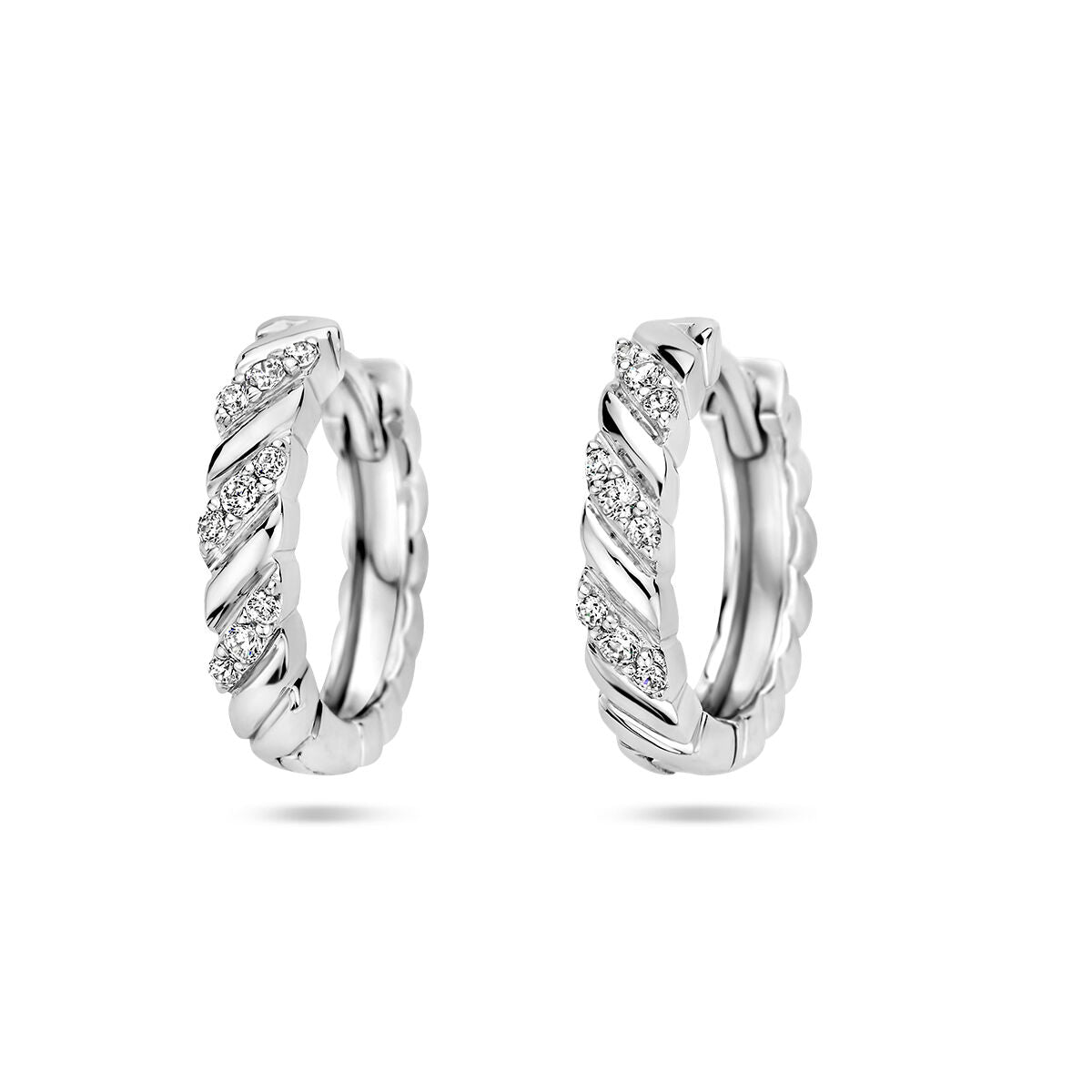 Orecchini alla creola in argento rodiato con zircone, design a spirale.