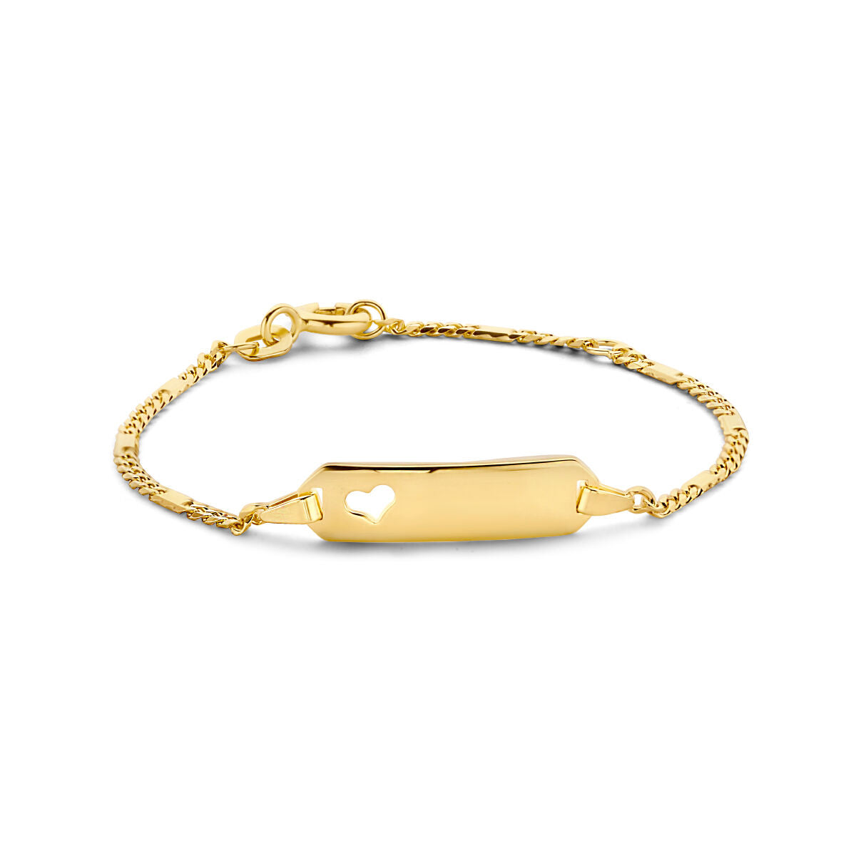 Bracciale in oro 14K con piastra a forma di cuore e maglia rolò.