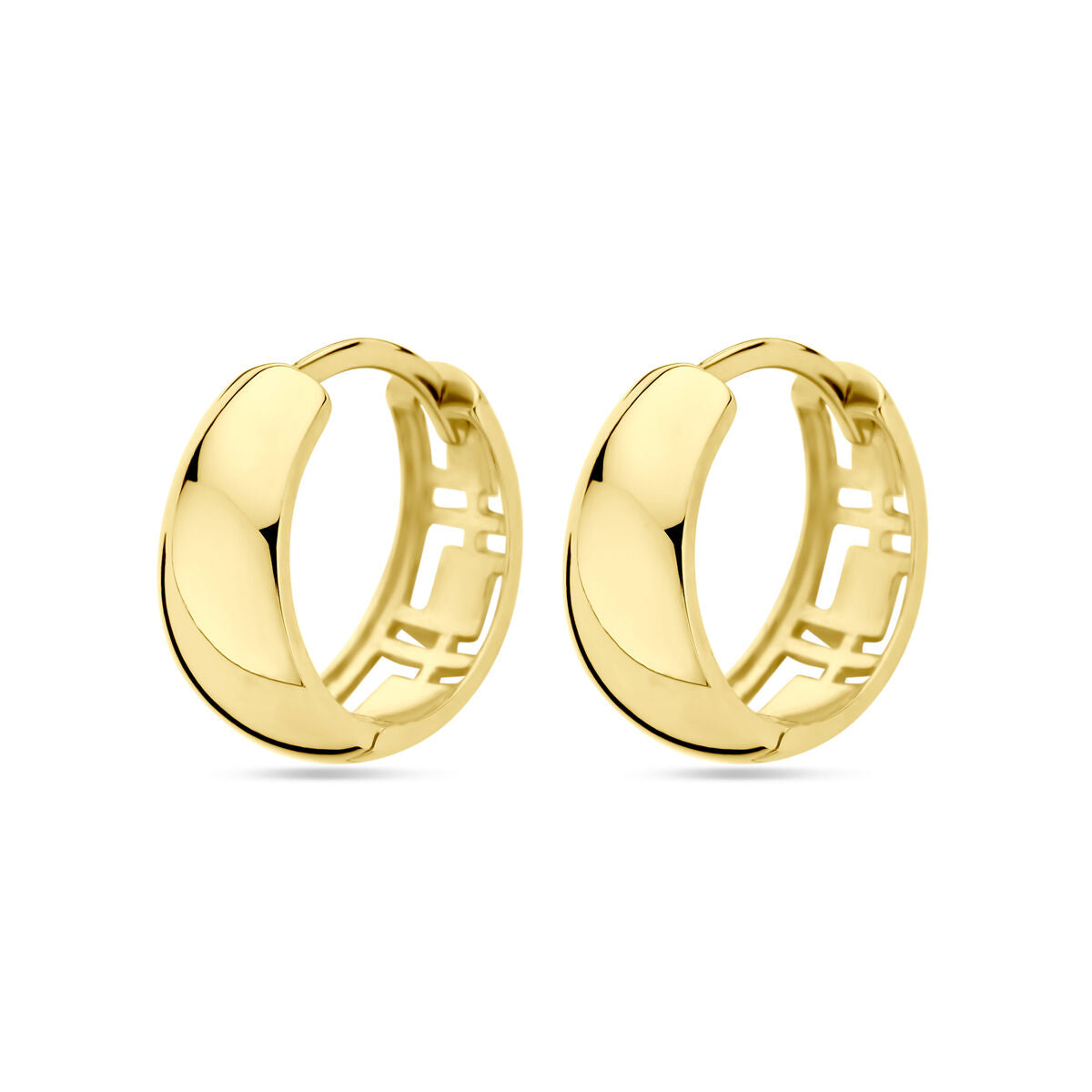 Orecchini alla creola in oro giallo 14K, diametro di 13 mm, con design elegante.