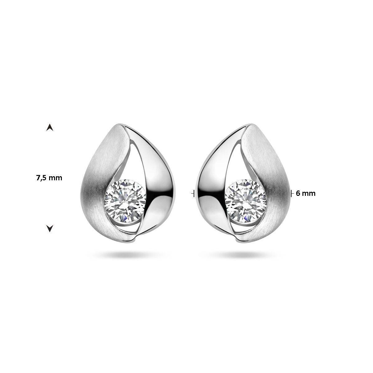 Van der Kooij Collectie oorknoppen druppel zirkonia poli/mat gerhodineerd zilver, elk met ronde witte zirkonia. Linker oorbel is 7,5 mm hoog, rechter oorbel is 6 mm breed.