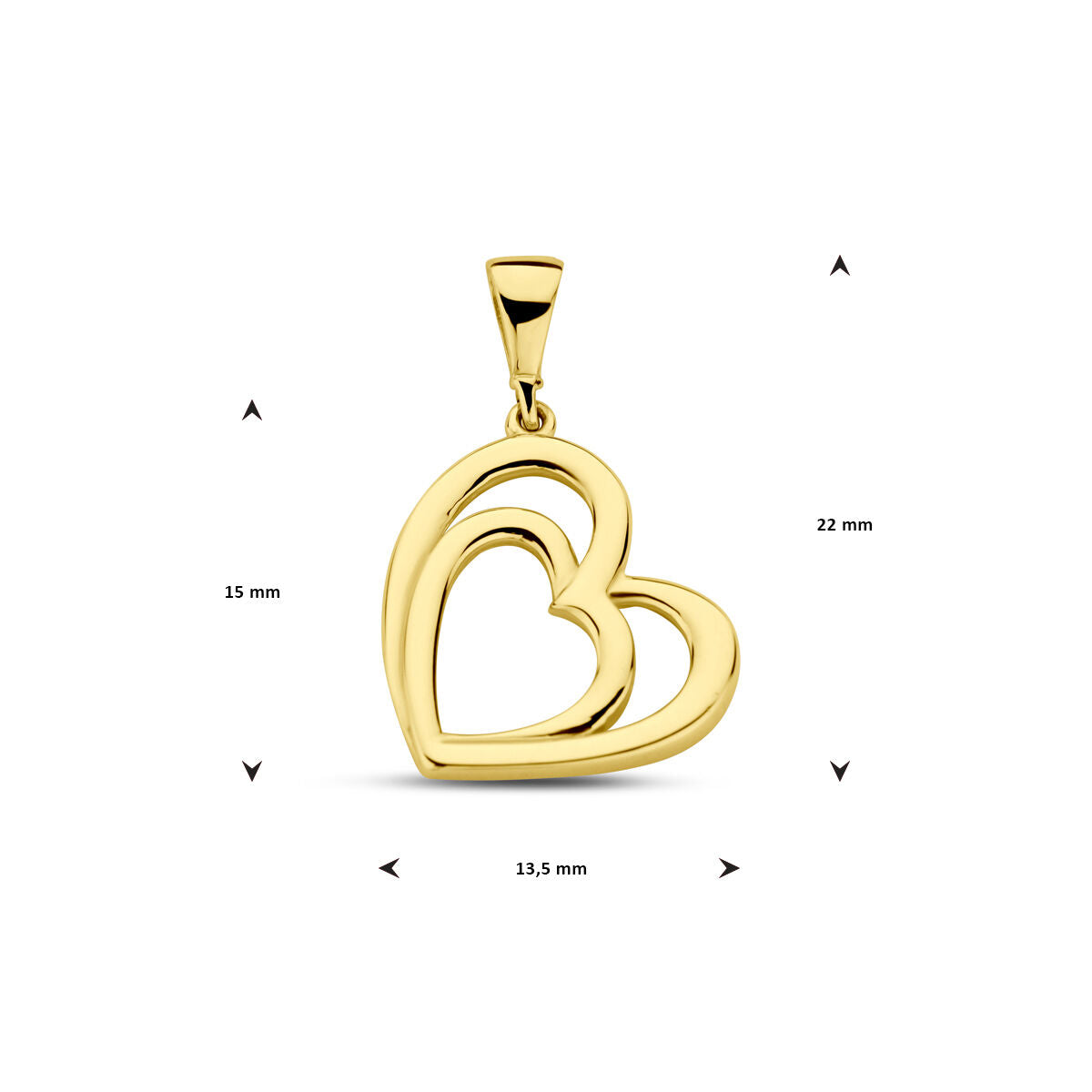 Het hangerhart 14K geelgoud van Van der Kooij Collectie heeft een open dubbel hart ontwerp, dat liefdevolle harten symboliseert. Afmetingen: 22 mm hoog, 15 mm breed en 13,5 mm aan de basis.