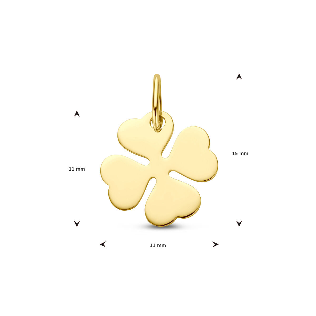De Van der Kooij Collectie hanger klaver 14K geelgoud is een eenvoudige, stijlvolle dames accessoire met hartvormige blaadjes, incl. ophangoog. Afmeting: 11x11 mm (15 mm met oog).