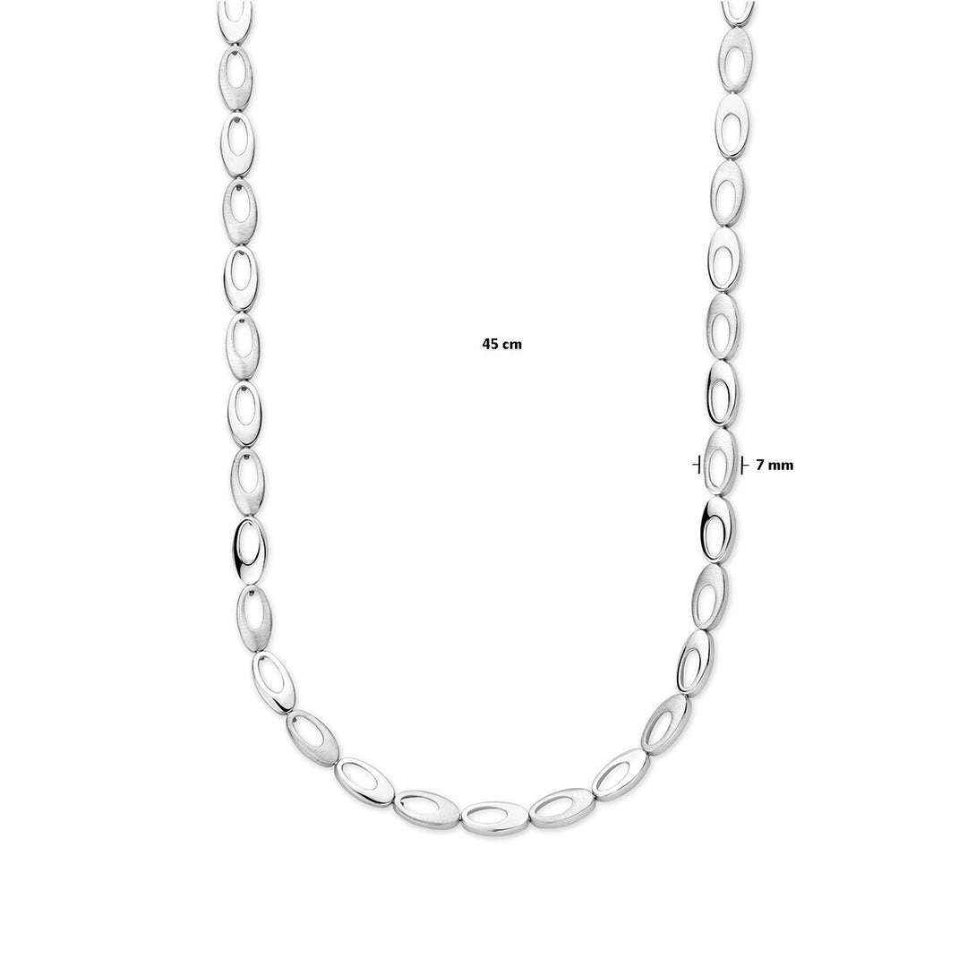 Van der Kooij Collectie collier: gerhodineerd zilver, poli/mat afgewerkt, 7,0 mm breed en 45 cm lang. Fraai gepresenteerd in een lus op witte achtergrond met duidelijke maataanduidingen.