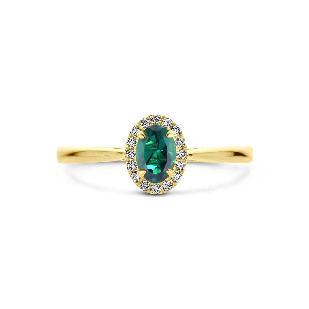 De Van der Kooij Collectie ring heeft een labgekweekte smaragd met een halo van 0,075ct H SI diamant in 14K geelgoud, afgebeeld op een witte achtergrond.
