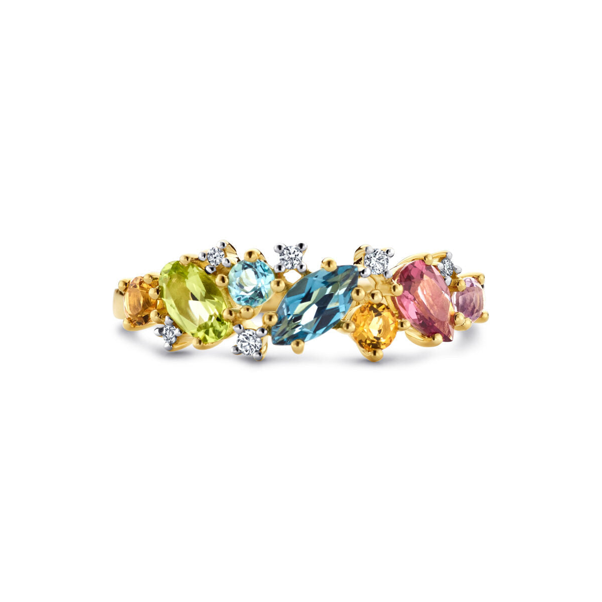 Een 14K geelgouden ring van Van der Kooij Collectie met natuurlijke kleurstenen en diamant (0.04ct H SI), getoond op een witte achtergrond.