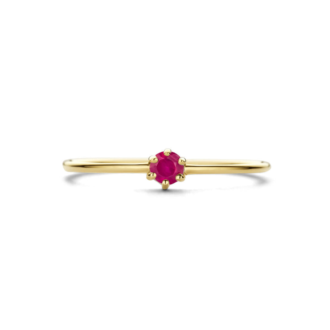 De Van der Kooij Collectie ring met geboortesteen robijn juli in 14K geelgoud heeft een dunne band en een robijn in een eenvoudige zes-poots zetting, wat het een elegante keuze maakt voor elke gelegenheid.
