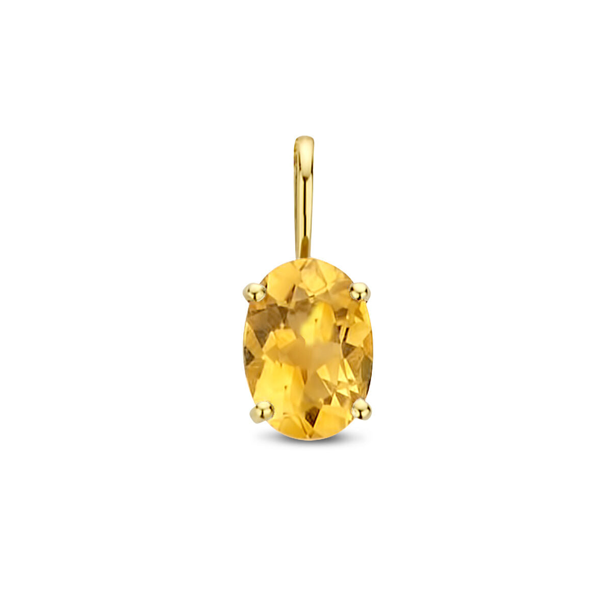 De hanger citrien 14K geelgoud uit de Van der Kooij Collectie is een dameshanger van geelgoud met een ovaal geslepen citrien in vier pootjes en een eenvoudige gouden ophanglus.