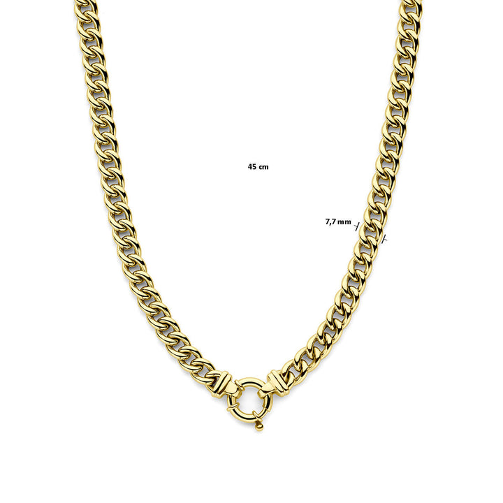 De Van der Kooij Collectie collier gourmette (7,7 mm, 45 cm) in 14K geelgoud met groot springslot wordt elegant gepresenteerd op een witte achtergrond.